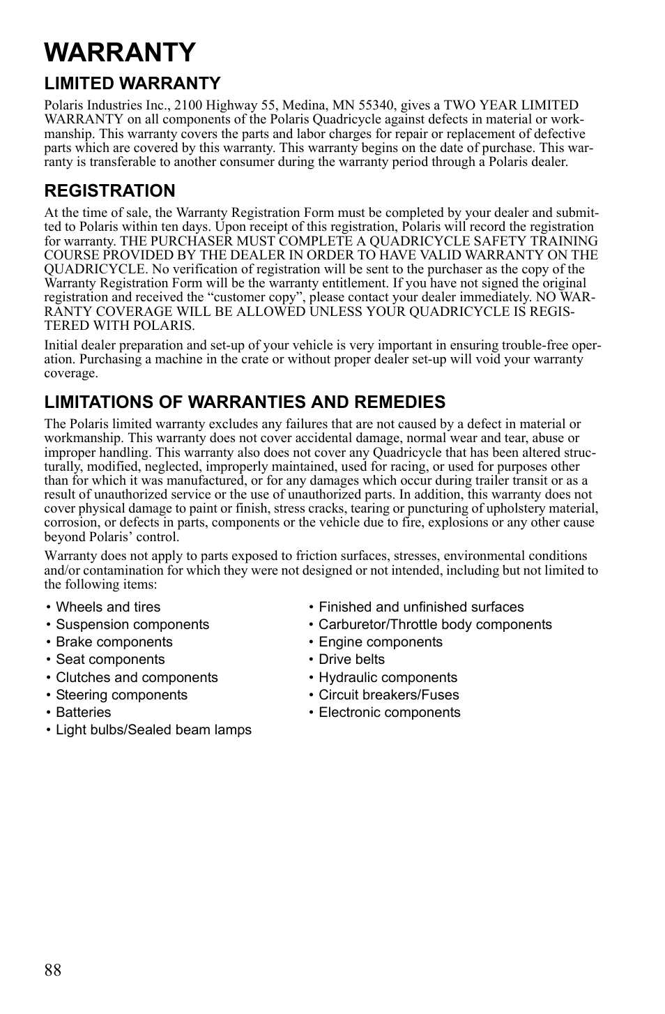 Warranty, Limited warranty, Registration | Limitations of warranties and remedies | Polaris Phoenix 9922500 User Manual | Page 90 / 96