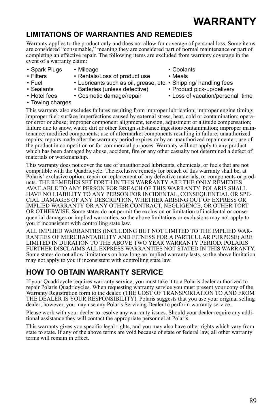 Warranty, Limitations of warranties and remedies, How to obtain warranty service | Polaris Phoenix 9922500 User Manual | Page 91 / 96