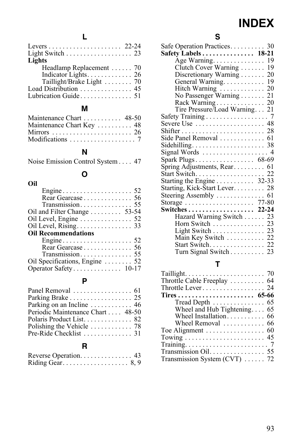 Index | Polaris Phoenix 9922500 User Manual | Page 95 / 96