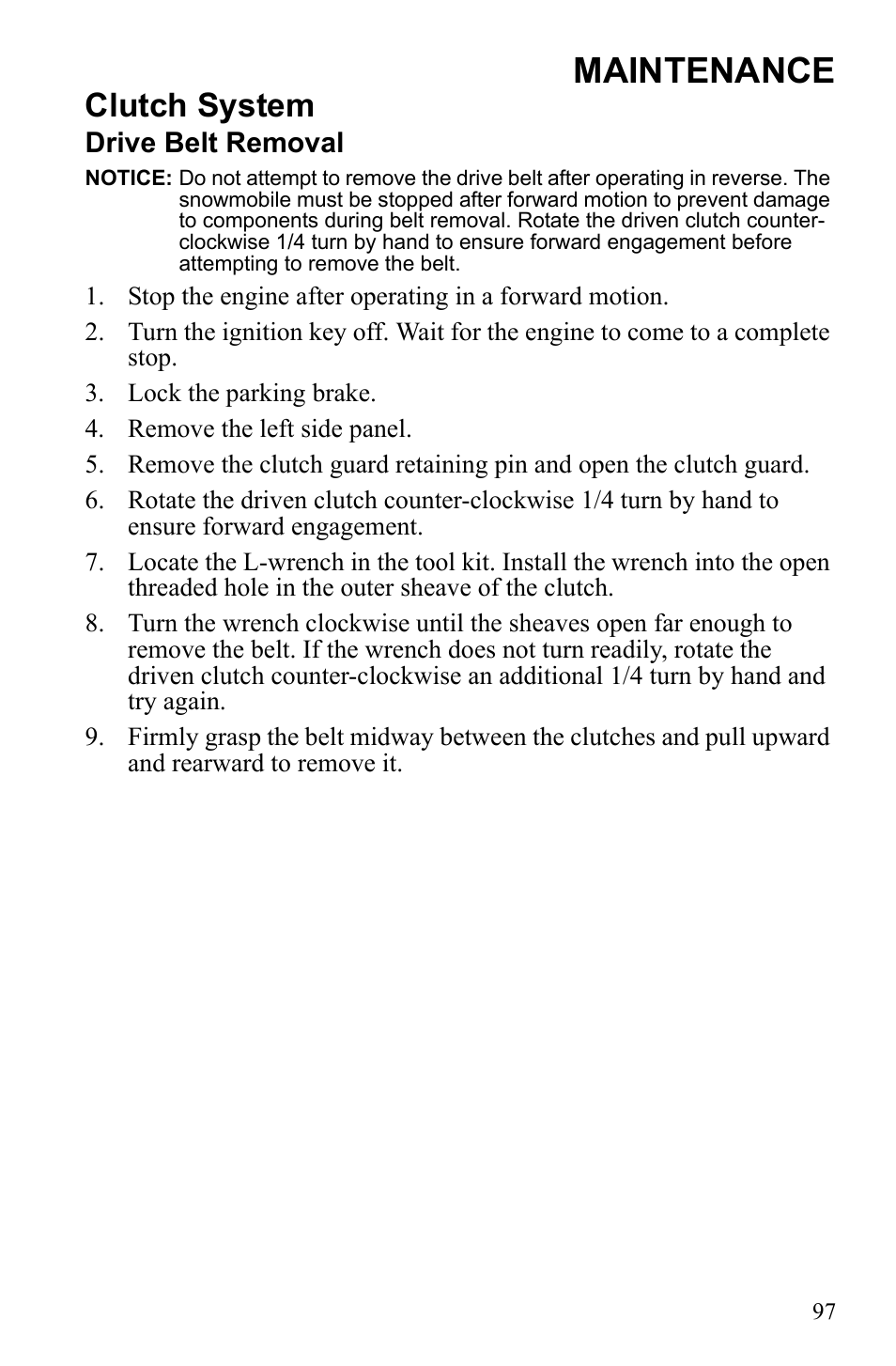 Maintenance, Clutch system | Polaris 600 RUSH User Manual | Page 101 / 134