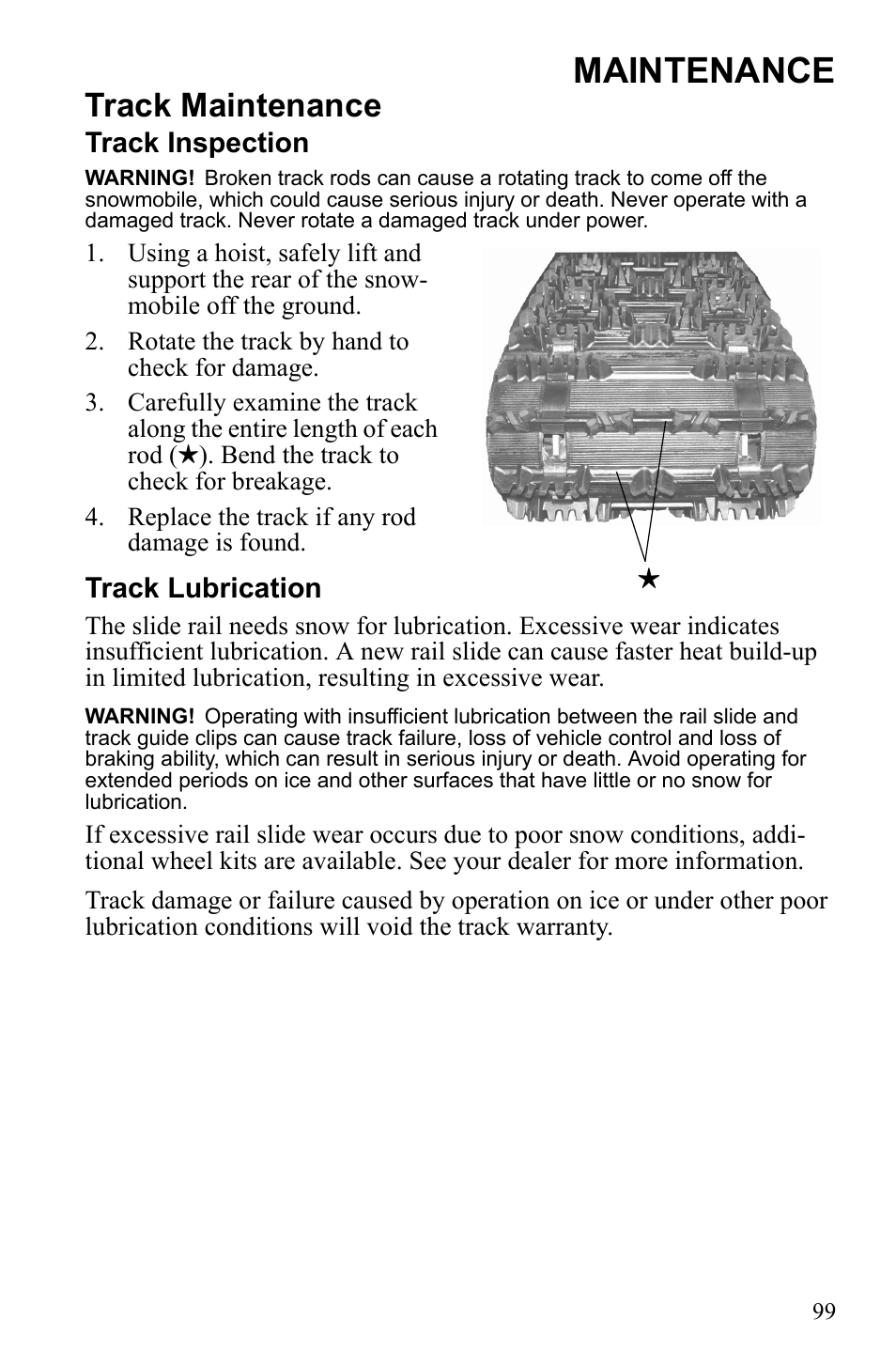 Maintenance, Track maintenance, Track inspection | Track lubrication | Polaris 600 RUSH User Manual | Page 103 / 134