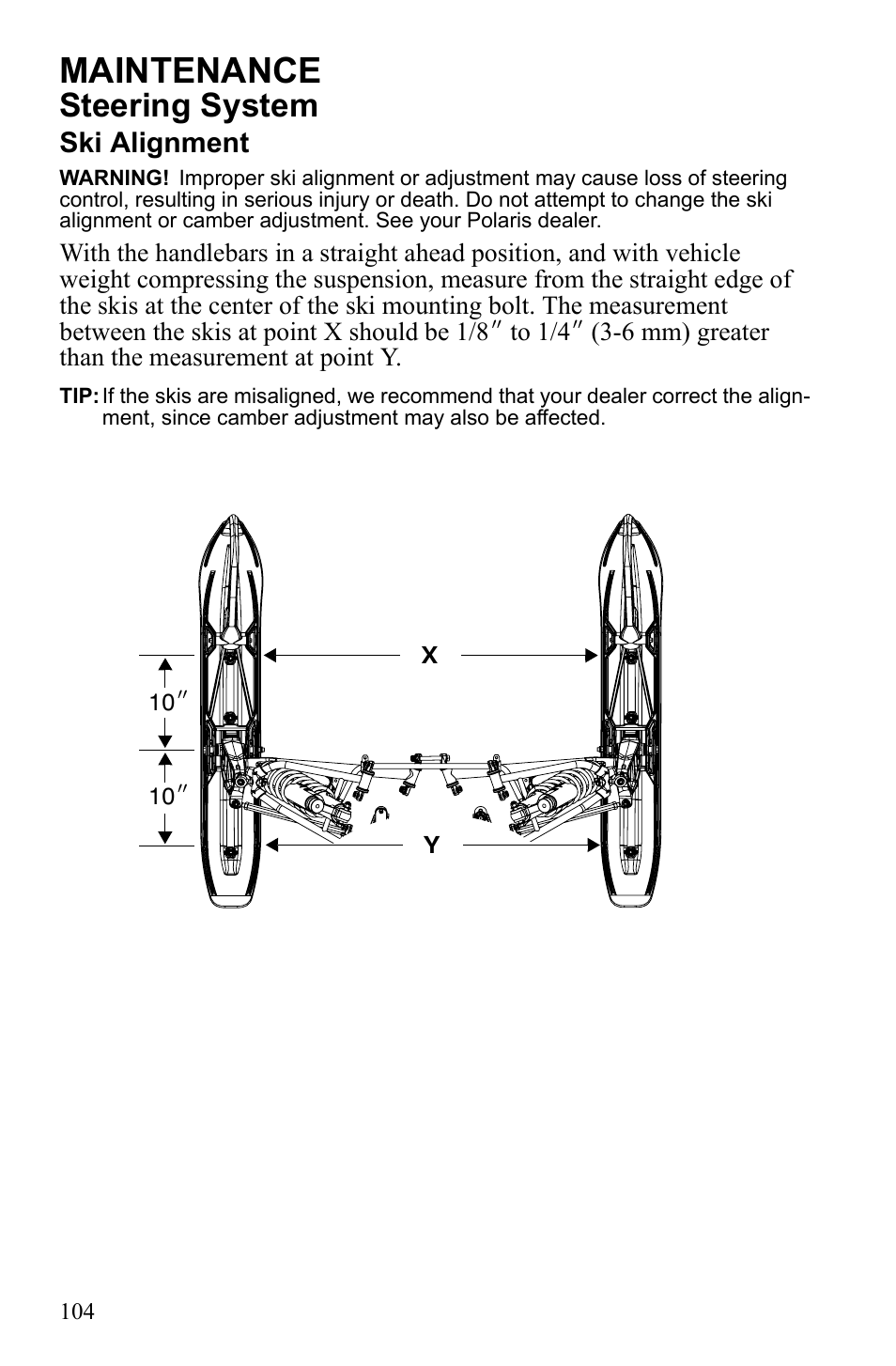 Maintenance, Steering system, Ski alignment | Polaris 600 RUSH User Manual | Page 108 / 134