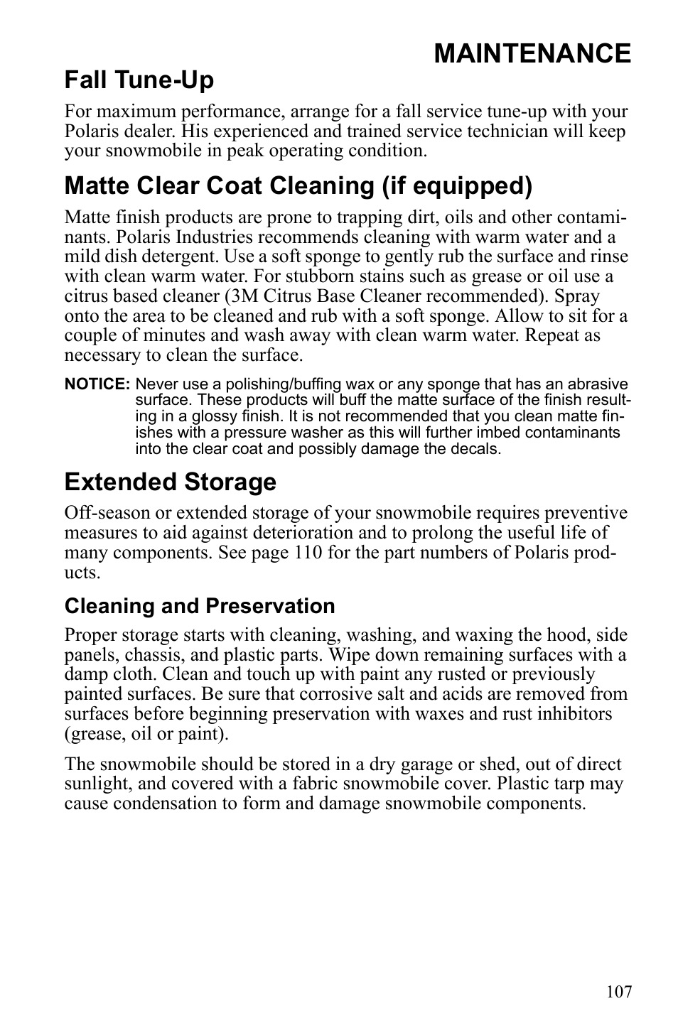 Maintenance, Fall tune-up, Matte clear coat cleaning (if equipped) | Extended storage | Polaris 600 RUSH User Manual | Page 111 / 134