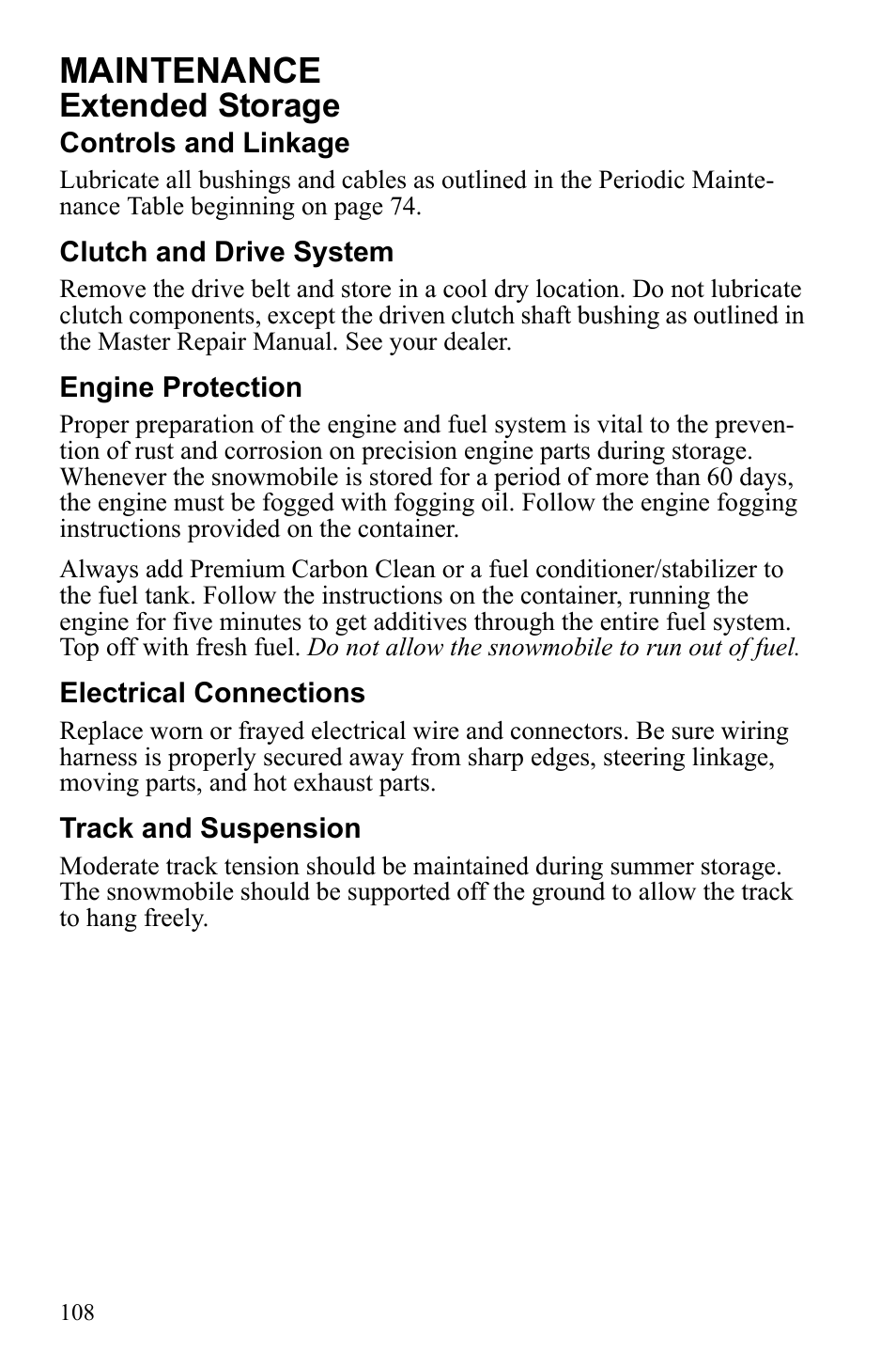 Maintenance, Extended storage | Polaris 600 RUSH User Manual | Page 112 / 134