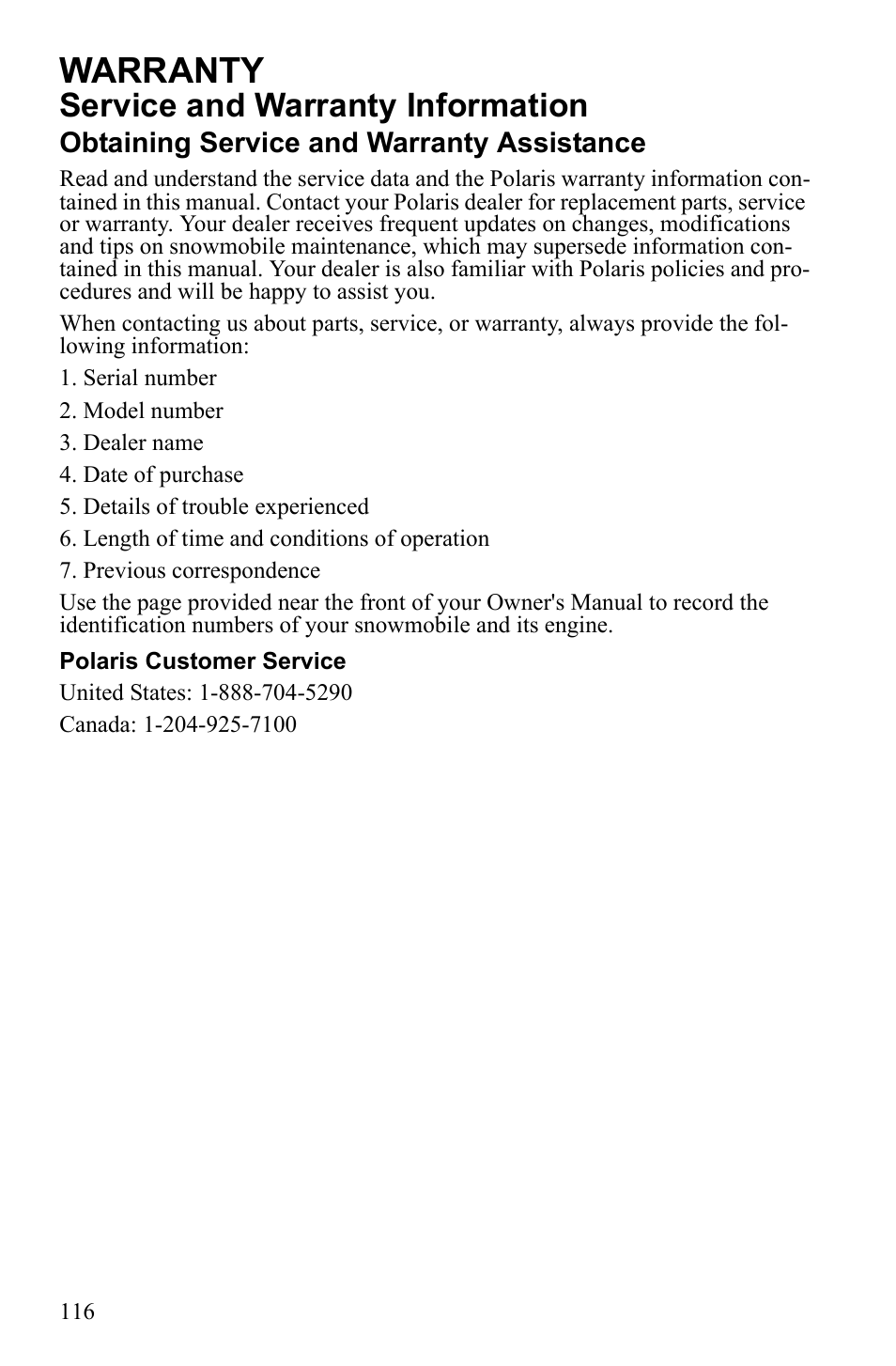 Warranty, Service and warranty information | Polaris 600 RUSH User Manual | Page 120 / 134