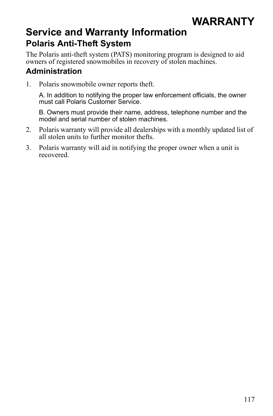 Warranty, Service and warranty information, Polaris anti-theft system | Polaris 600 RUSH User Manual | Page 121 / 134