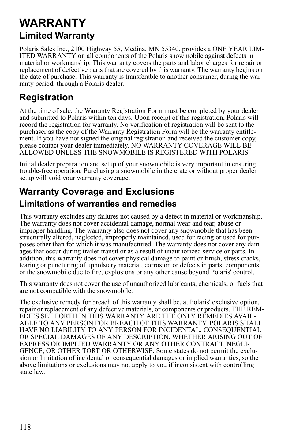 Warranty, Limited warranty, Registration | Warranty coverage and exclusions, Limitations of warranties and remedies | Polaris 600 RUSH User Manual | Page 122 / 134