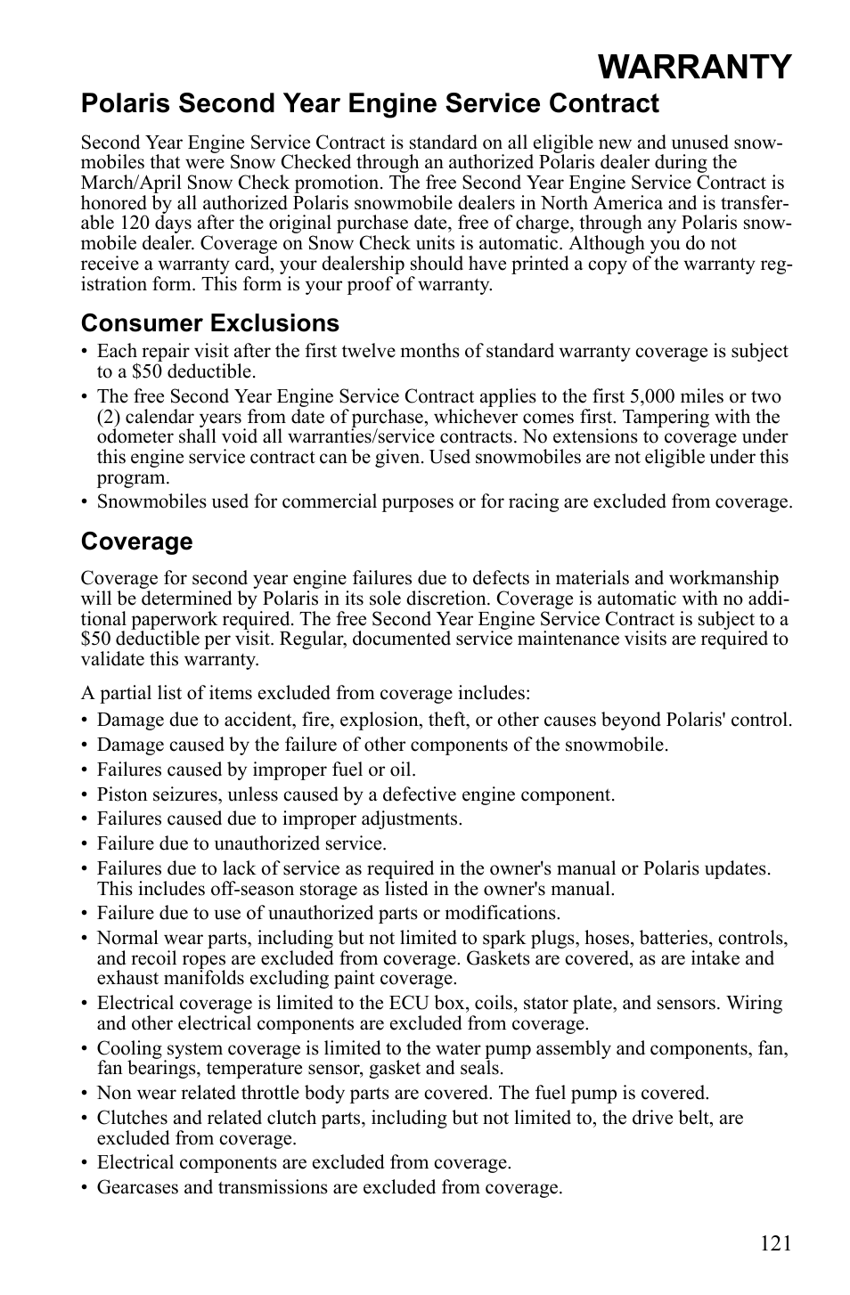 Warranty, Polaris second year engine service contract, Consumer exclusions | Coverage | Polaris 600 RUSH User Manual | Page 125 / 134