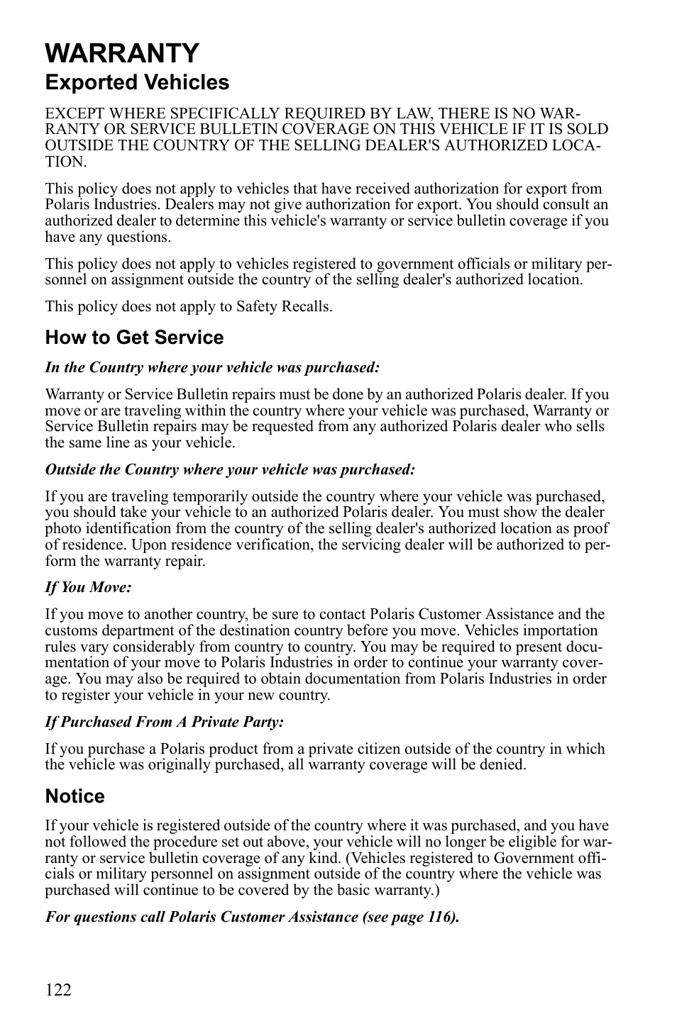 Warranty, Exported vehicles, How to get service | Notice | Polaris 600 RUSH User Manual | Page 126 / 134