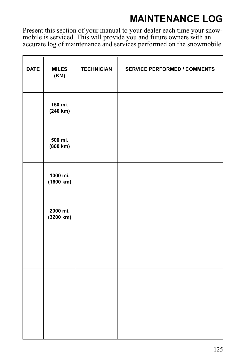 Maintenance log | Polaris 600 RUSH User Manual | Page 129 / 134