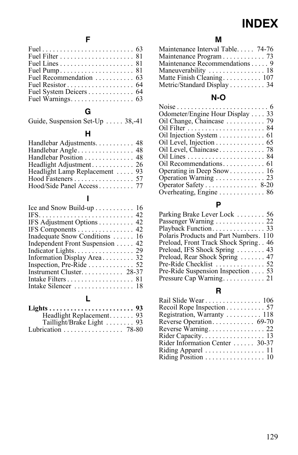 Index | Polaris 600 RUSH User Manual | Page 133 / 134