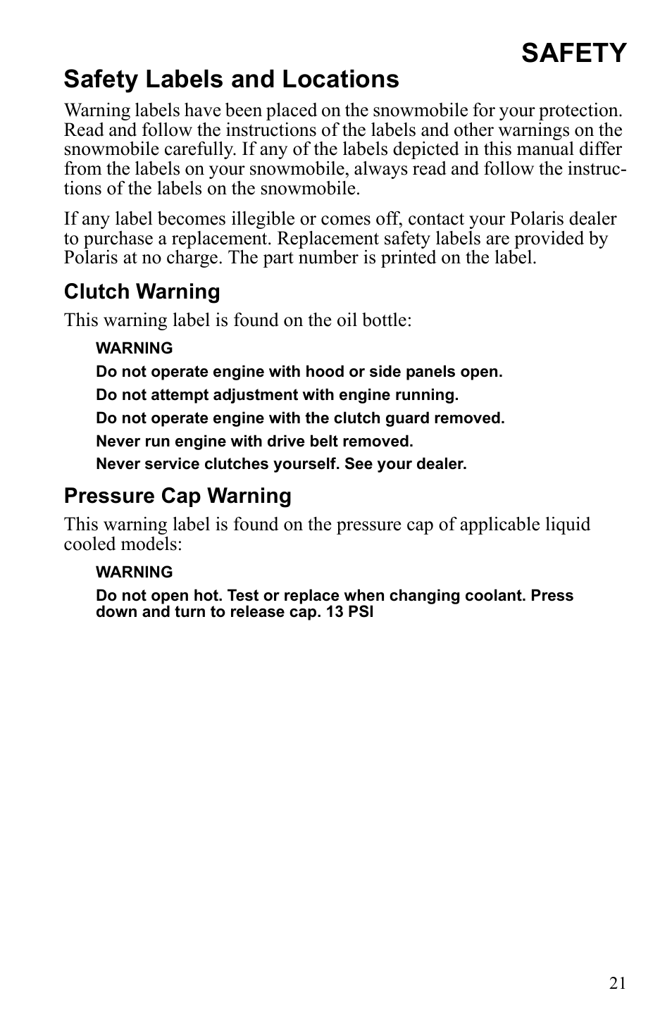 Safety, Safety labels and locations | Polaris 600 RUSH User Manual | Page 25 / 134