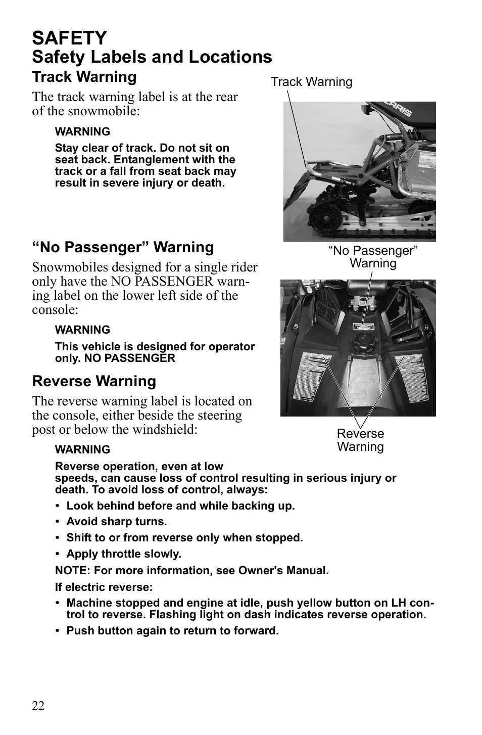 Safety, Safety labels and locations, Track warning | No passenger” warning, Reverse warning | Polaris 600 RUSH User Manual | Page 26 / 134