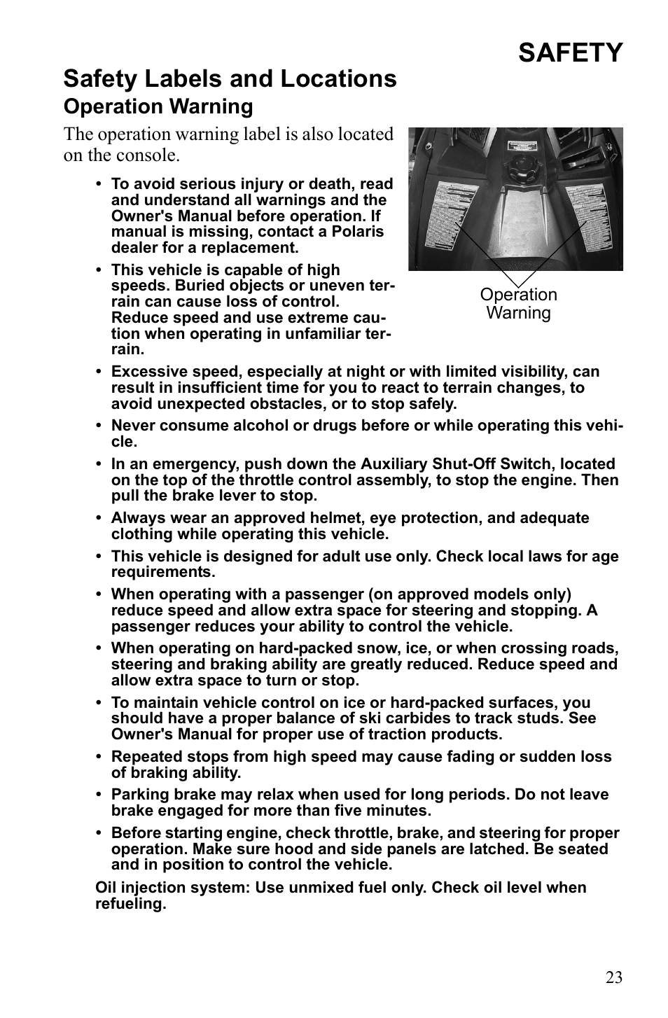Safety, Safety labels and locations, Operation warning | Polaris 600 RUSH User Manual | Page 27 / 134