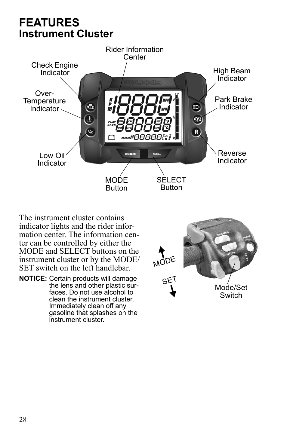 Features, Instrument cluster | Polaris 600 RUSH User Manual | Page 32 / 134