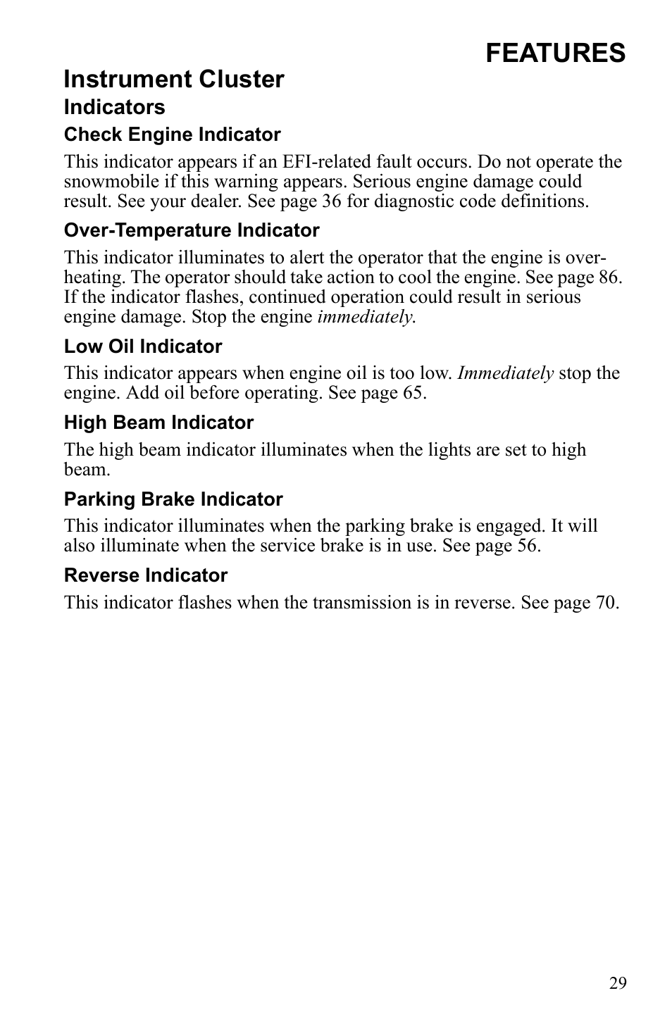 Features, Instrument cluster | Polaris 600 RUSH User Manual | Page 33 / 134