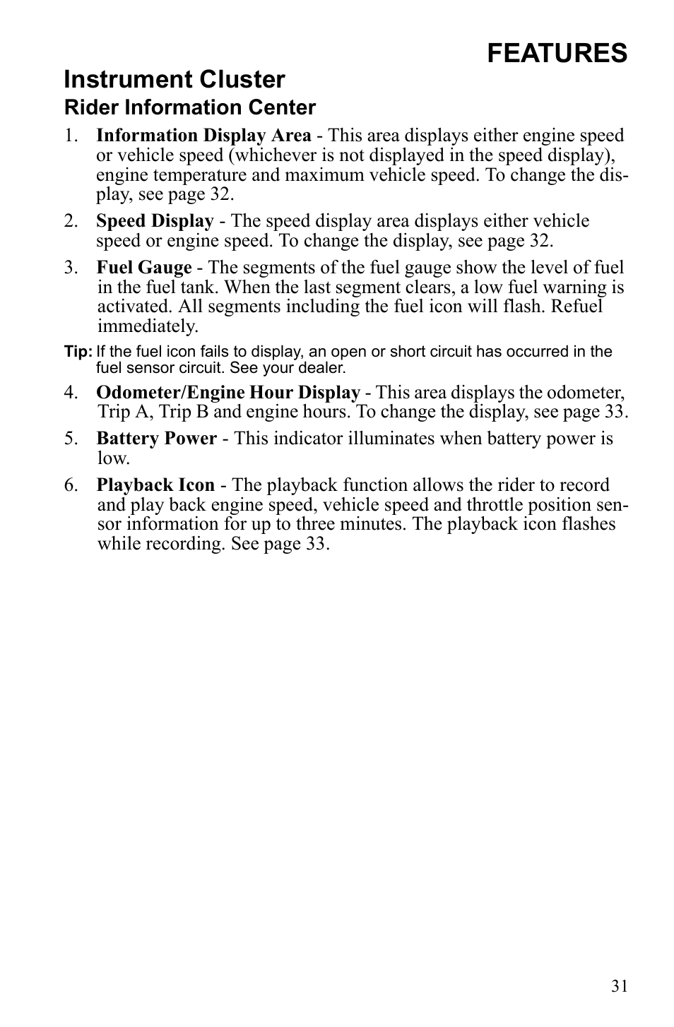 Features, Instrument cluster | Polaris 600 RUSH User Manual | Page 35 / 134