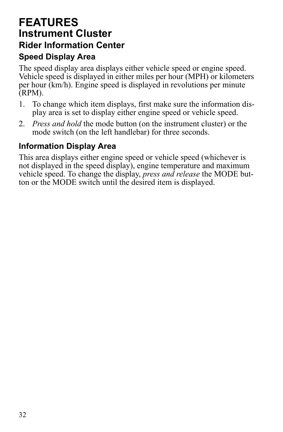 Features, Instrument cluster | Polaris 600 RUSH User Manual | Page 36 / 134