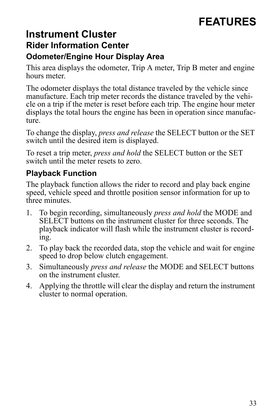 Features, Instrument cluster | Polaris 600 RUSH User Manual | Page 37 / 134