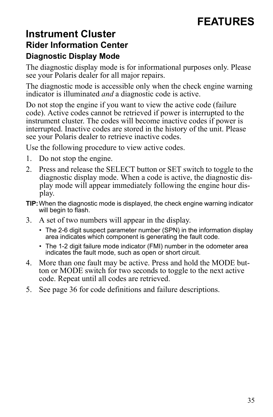 Features, Instrument cluster | Polaris 600 RUSH User Manual | Page 39 / 134