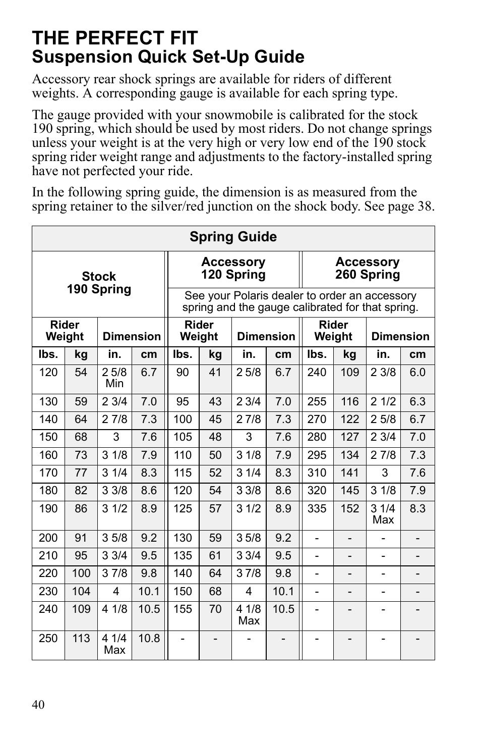 The perfect fit, Suspension quick set-up guide | Polaris 600 RUSH User Manual | Page 44 / 134