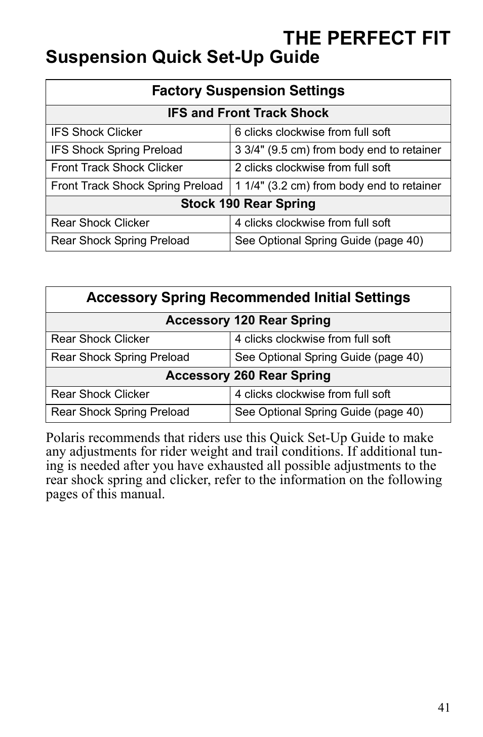 The perfect fit, Suspension quick set-up guide | Polaris 600 RUSH User Manual | Page 45 / 134