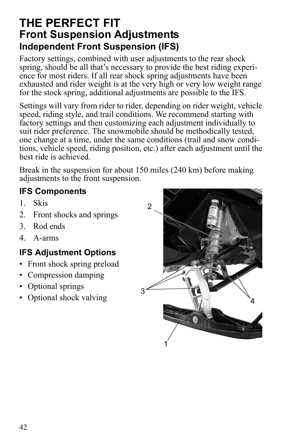 The perfect fit, Front suspension adjustments | Polaris 600 RUSH User Manual | Page 46 / 134