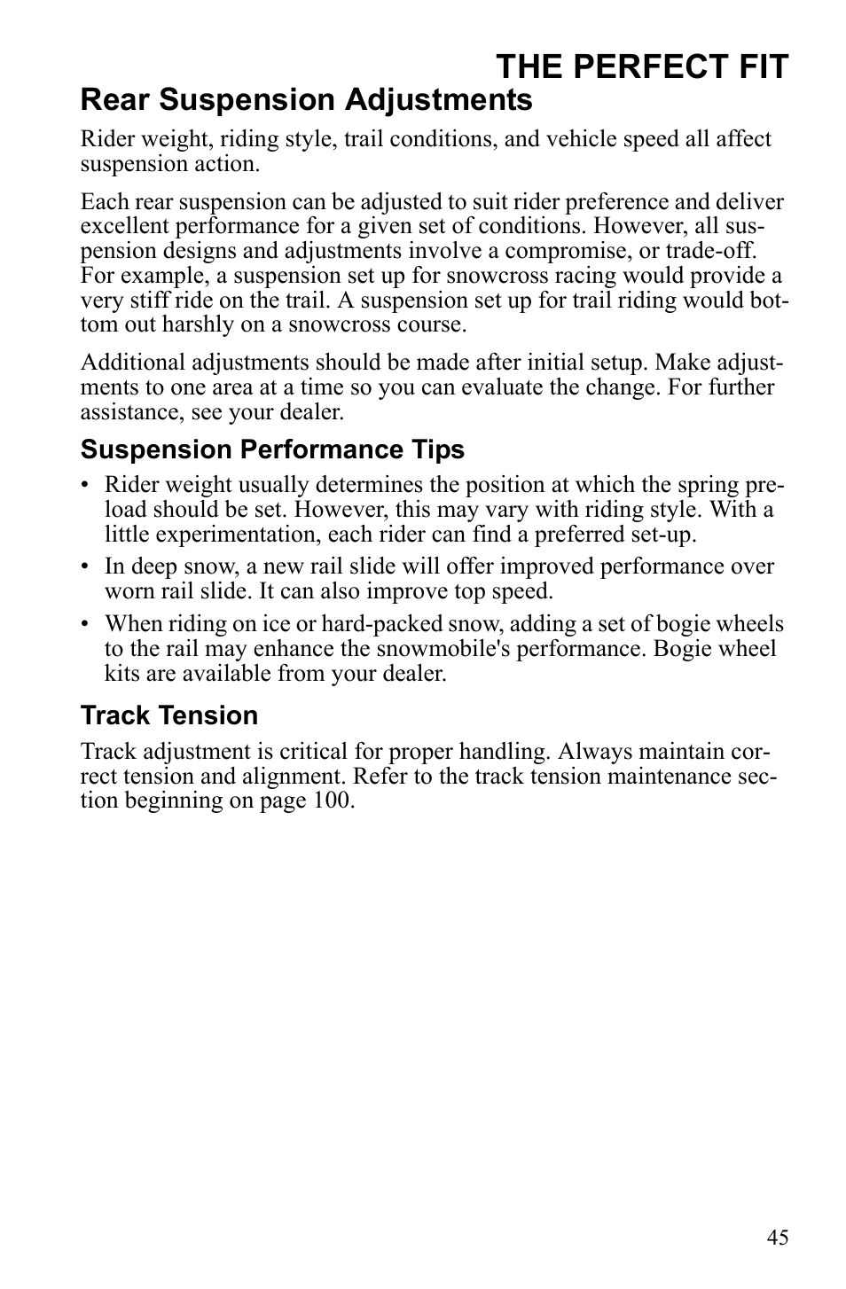 The perfect fit, Rear suspension adjustments | Polaris 600 RUSH User Manual | Page 49 / 134