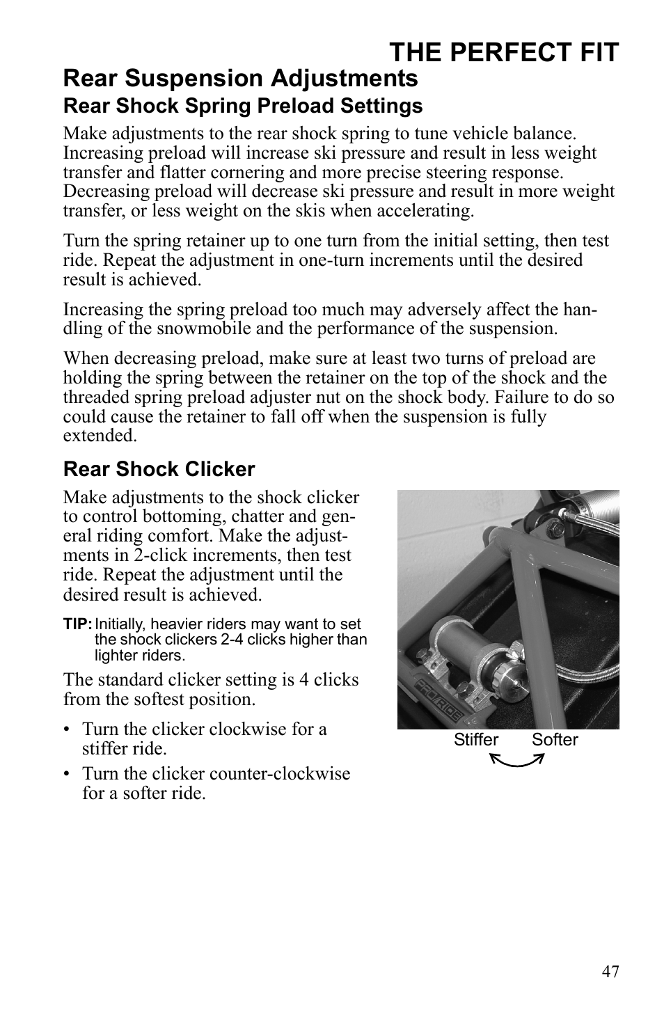 The perfect fit, Rear suspension adjustments | Polaris 600 RUSH User Manual | Page 51 / 134