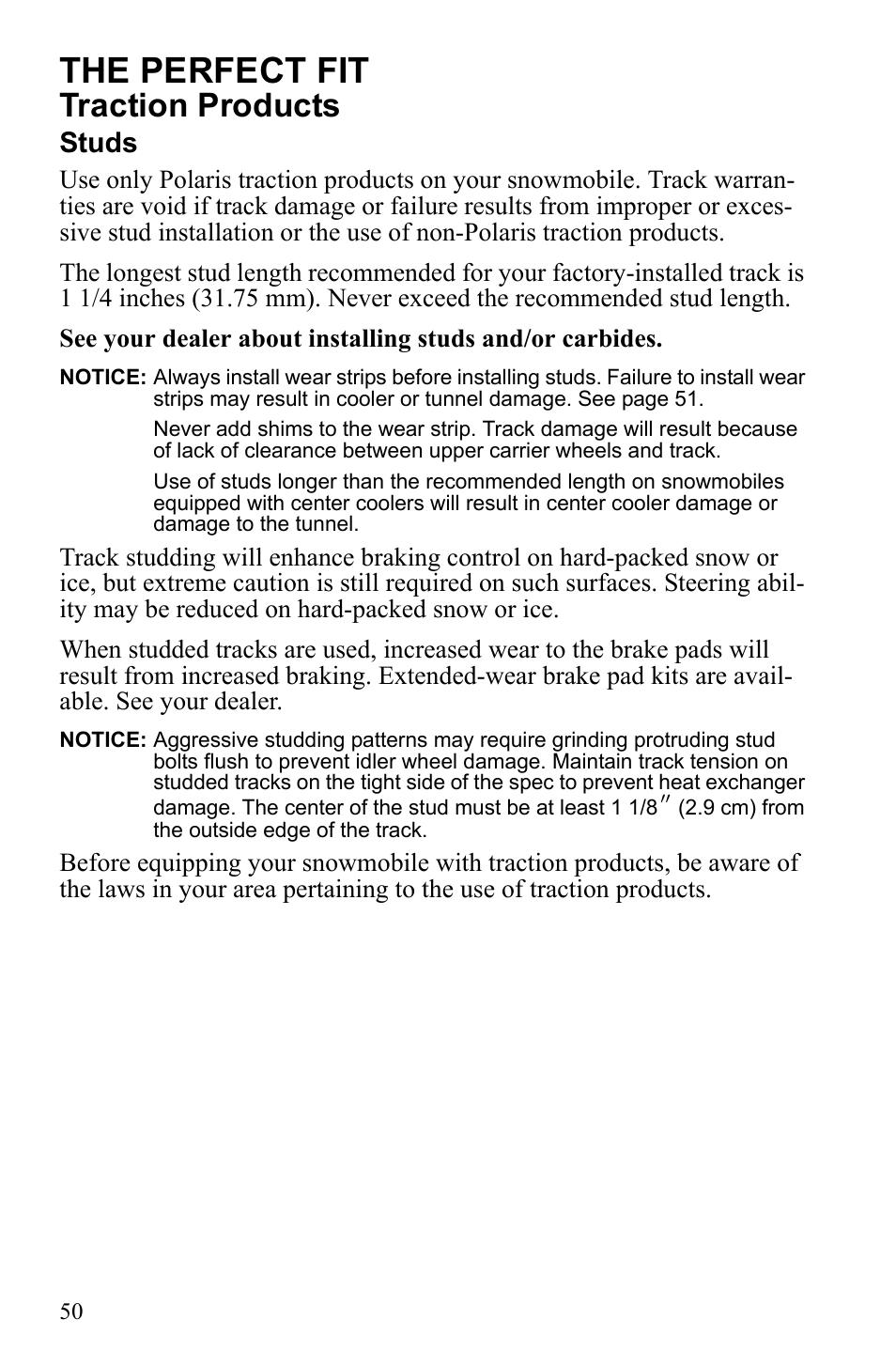 The perfect fit, Traction products, Studs | Polaris 600 RUSH User Manual | Page 54 / 134