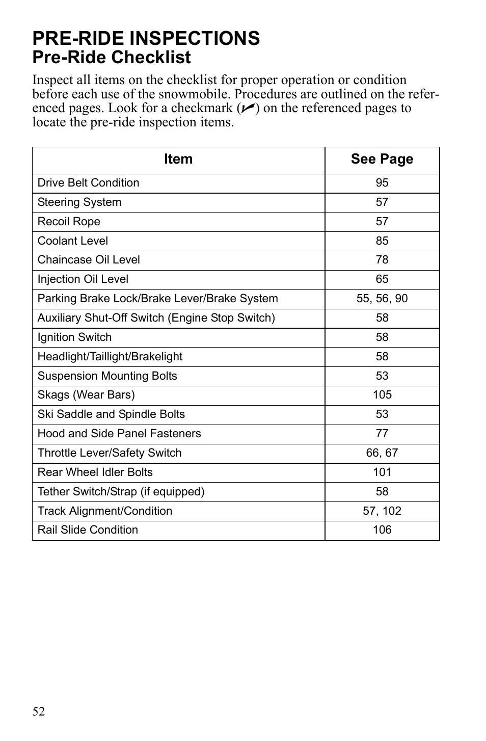Pre-ride inspections, Pre-ride checklist | Polaris 600 RUSH User Manual | Page 56 / 134