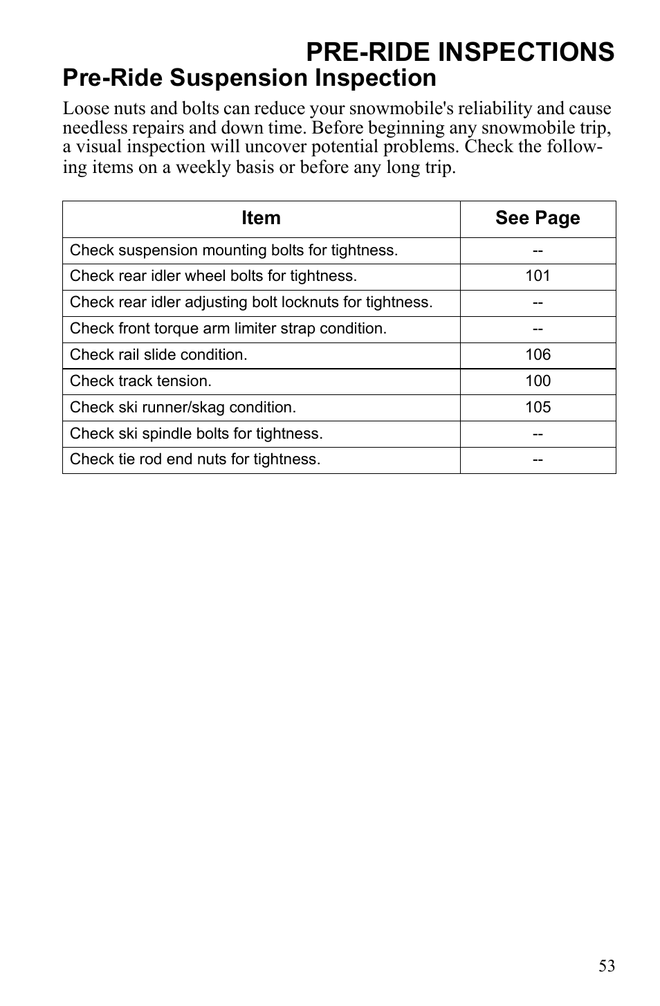 Pre-ride inspections, Pre-ride suspension inspection | Polaris 600 RUSH User Manual | Page 57 / 134