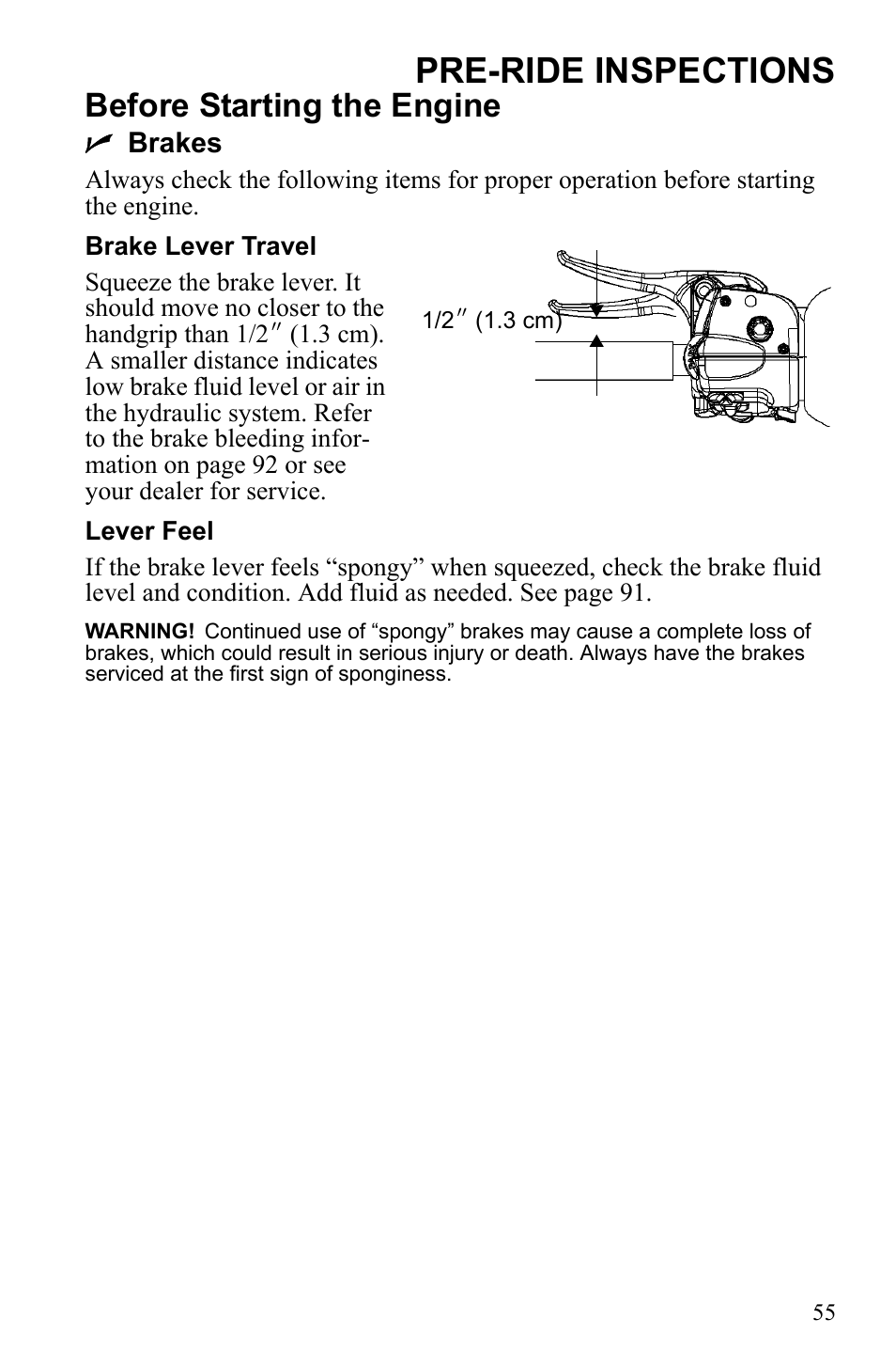 Pre-ride inspections, Before starting the engine | Polaris 600 RUSH User Manual | Page 59 / 134