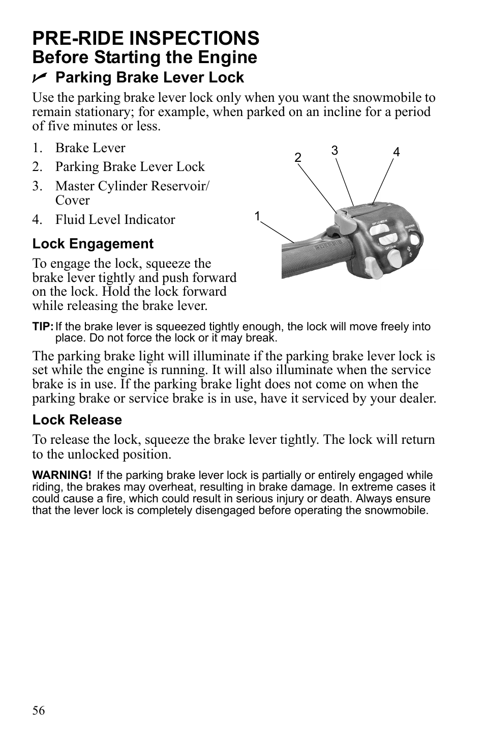 Pre-ride inspections, Before starting the engine, Nparking brake lever lock | Polaris 600 RUSH User Manual | Page 60 / 134