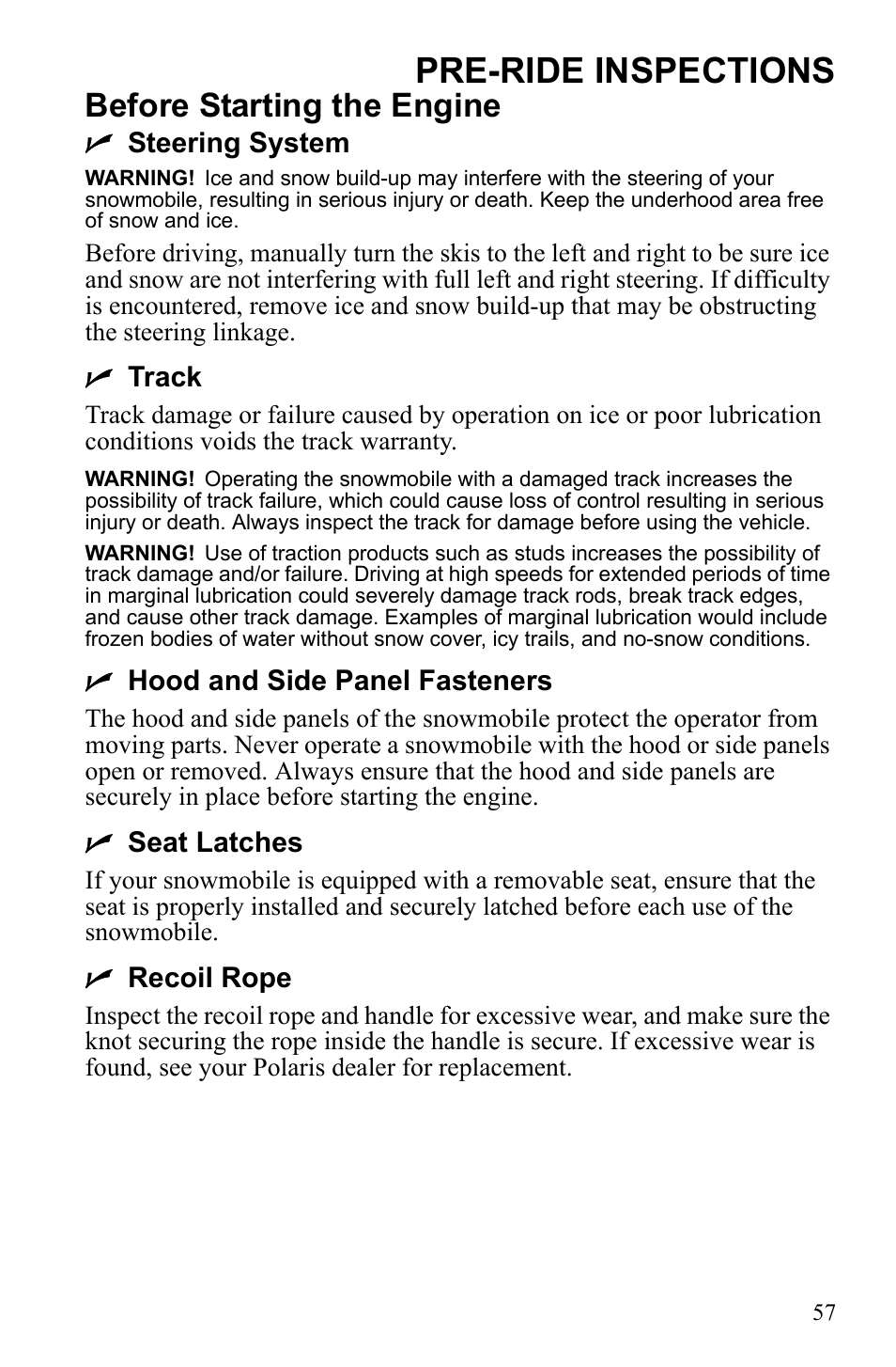 Pre-ride inspections, Before starting the engine | Polaris 600 RUSH User Manual | Page 61 / 134