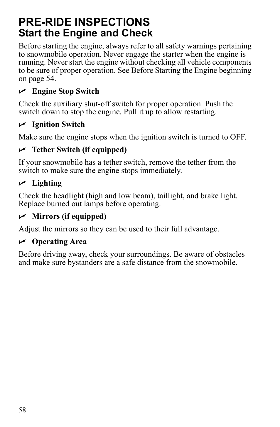 Pre-ride inspections, Start the engine and check | Polaris 600 RUSH User Manual | Page 62 / 134