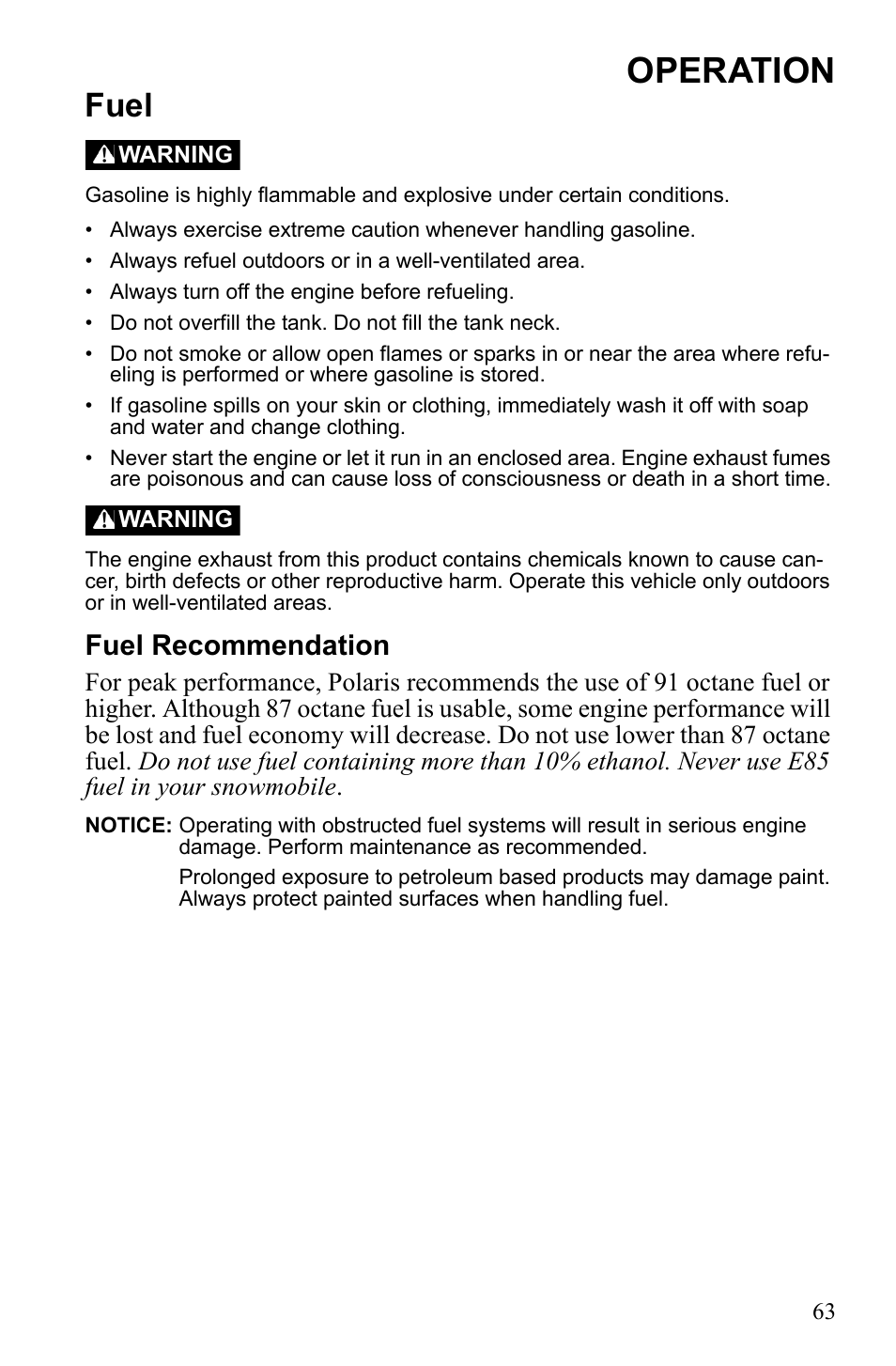 Operation, Fuel, Fuel recommendation | Polaris 600 RUSH User Manual | Page 67 / 134