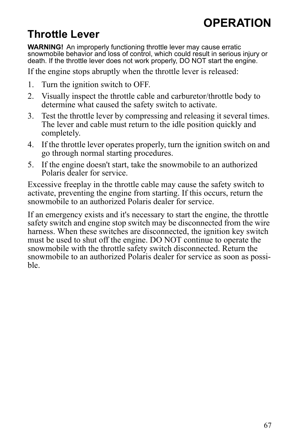 Operation, Throttle lever | Polaris 600 RUSH User Manual | Page 71 / 134