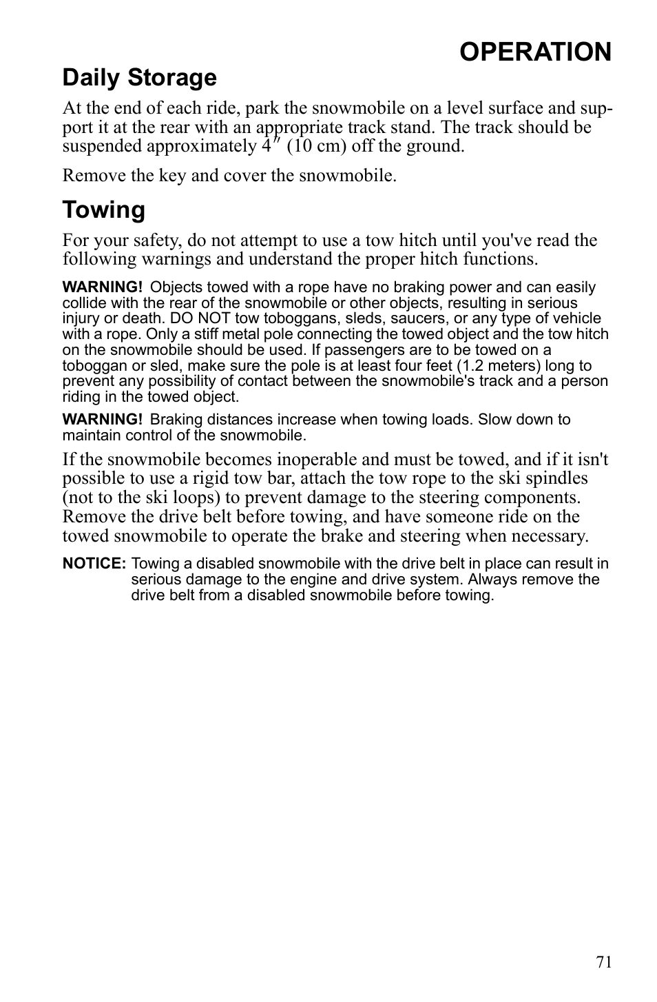 Operation, Daily storage, Towing | Polaris 600 RUSH User Manual | Page 75 / 134