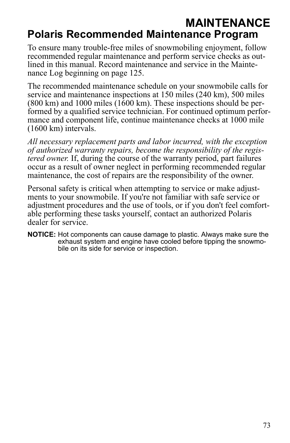 Maintenance, Polaris recommended maintenance program | Polaris 600 RUSH User Manual | Page 77 / 134