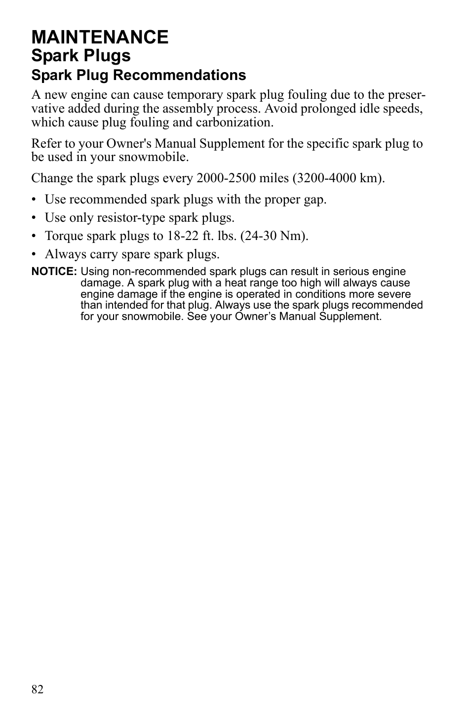 Maintenance, Spark plugs, Spark plug recommendations | Polaris 600 RUSH User Manual | Page 86 / 134