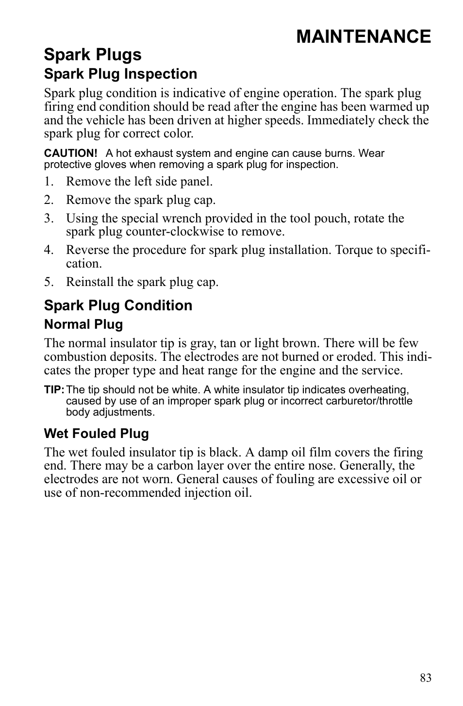 Maintenance, Spark plugs | Polaris 600 RUSH User Manual | Page 87 / 134