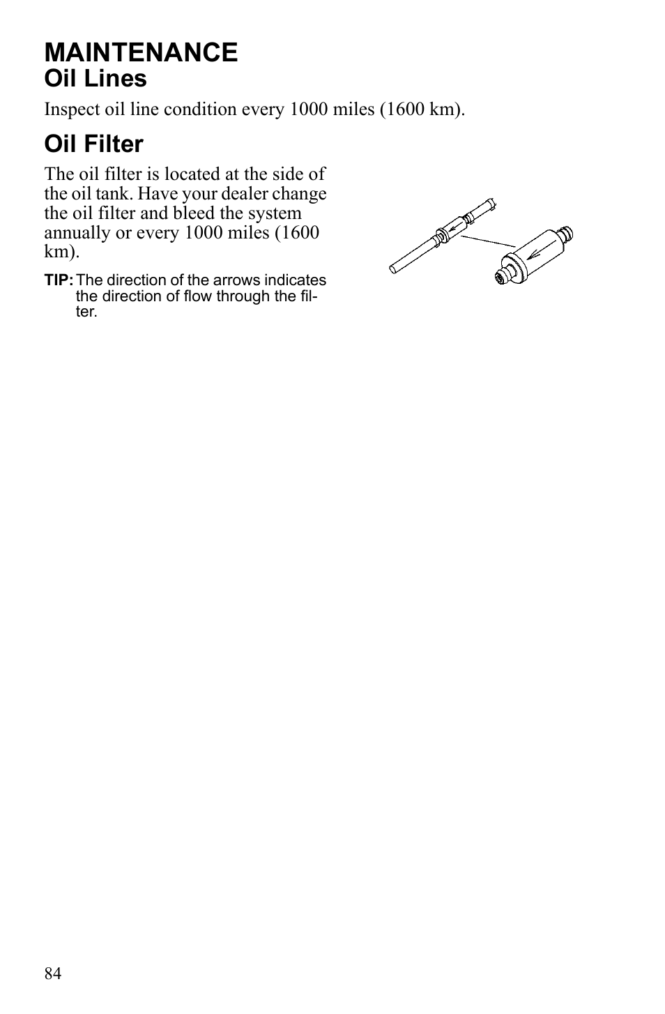 Maintenance, Oil lines, Oil filter | Polaris 600 RUSH User Manual | Page 88 / 134