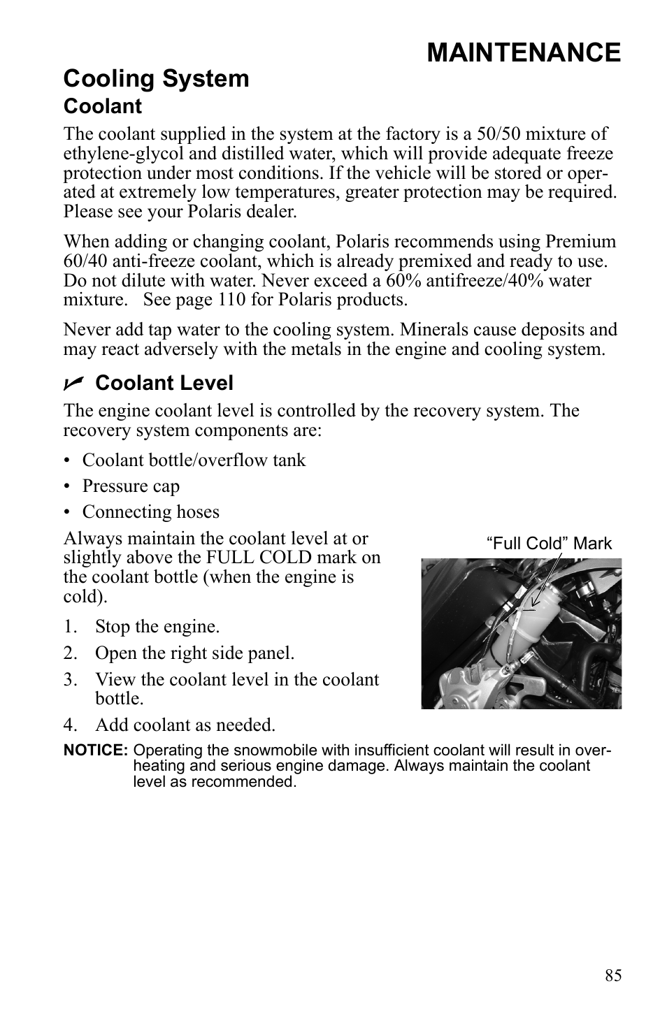 Maintenance, Cooling system | Polaris 600 RUSH User Manual | Page 89 / 134