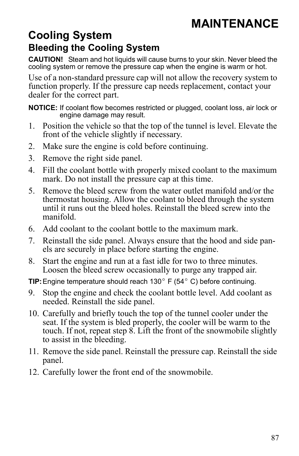 Maintenance, Cooling system, Bleeding the cooling system | Polaris 600 RUSH User Manual | Page 91 / 134