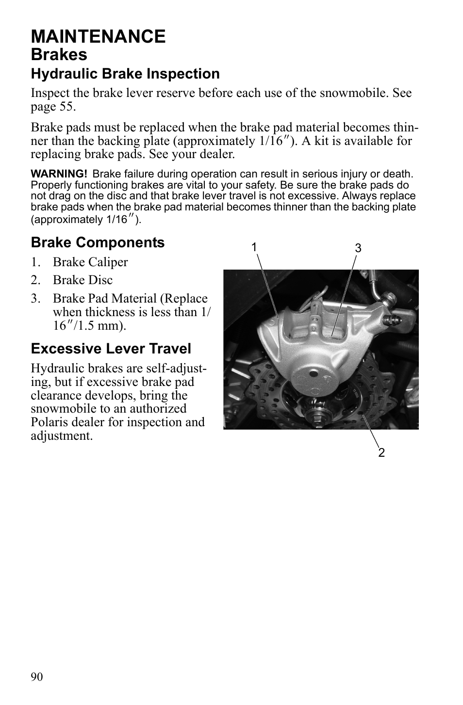 Maintenance, Brakes | Polaris 600 RUSH User Manual | Page 94 / 134