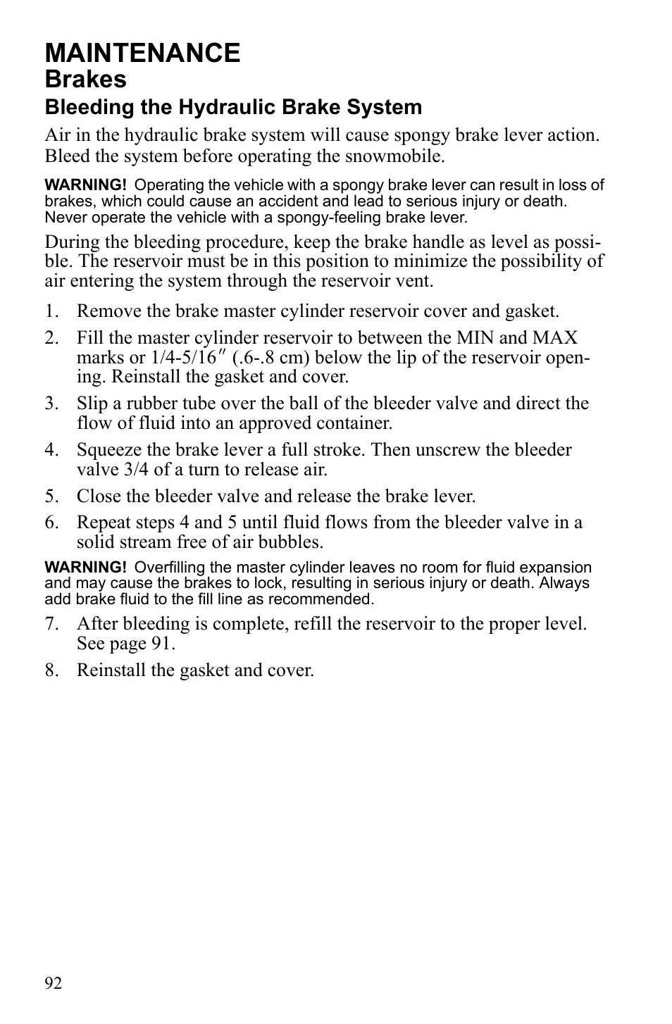 Maintenance, Brakes | Polaris 600 RUSH User Manual | Page 96 / 134