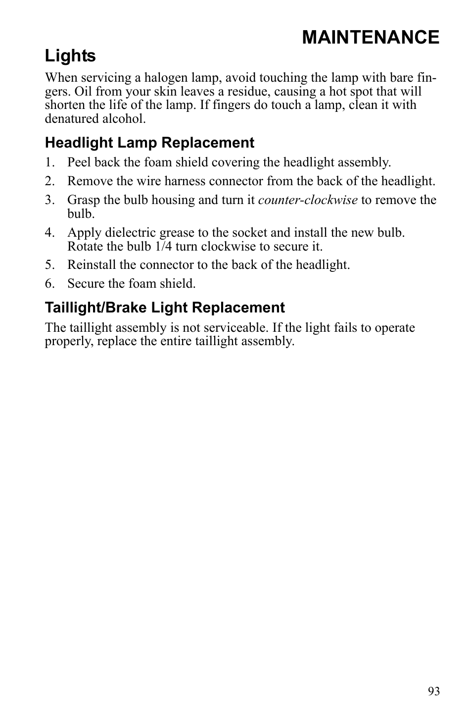 Maintenance, Lights | Polaris 600 RUSH User Manual | Page 97 / 134