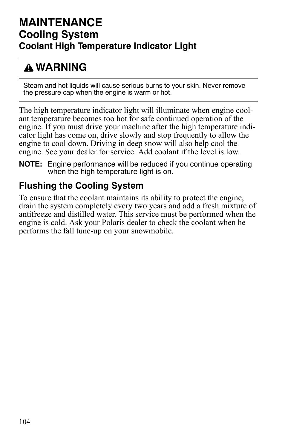 Maintenance, Cooling system, Warning | Polaris 600 HO IQ Touring CFI User Manual | Page 107 / 155