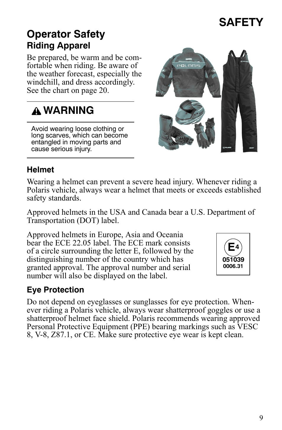 Safety, Operator safety, Warning | Polaris 600 HO IQ Touring CFI User Manual | Page 12 / 155